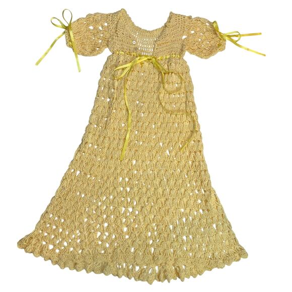 Yellow Handmade Crochet Lace Ribbon Bow Button Christening Gown Formal Dress - Picture 1 of 7